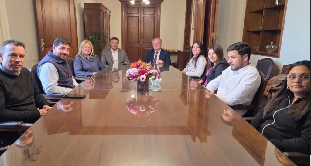 Felipe Michlig, Marcelo González y mandatarias locales durante una reunión de trabajo en la Presidencia del Senado provincial.